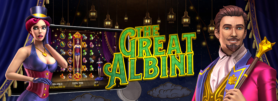The Great Albini Logo mit Zauberer und Frau sowie Slot im Hintergrund